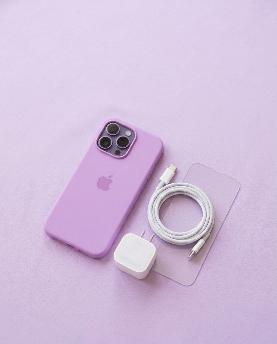 Smartphone con funda lila, protector de pantalla y cargador incluidos